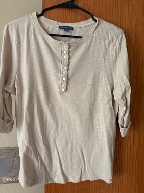 Democracy Cream Long-Sleeve Crochet Henley Top